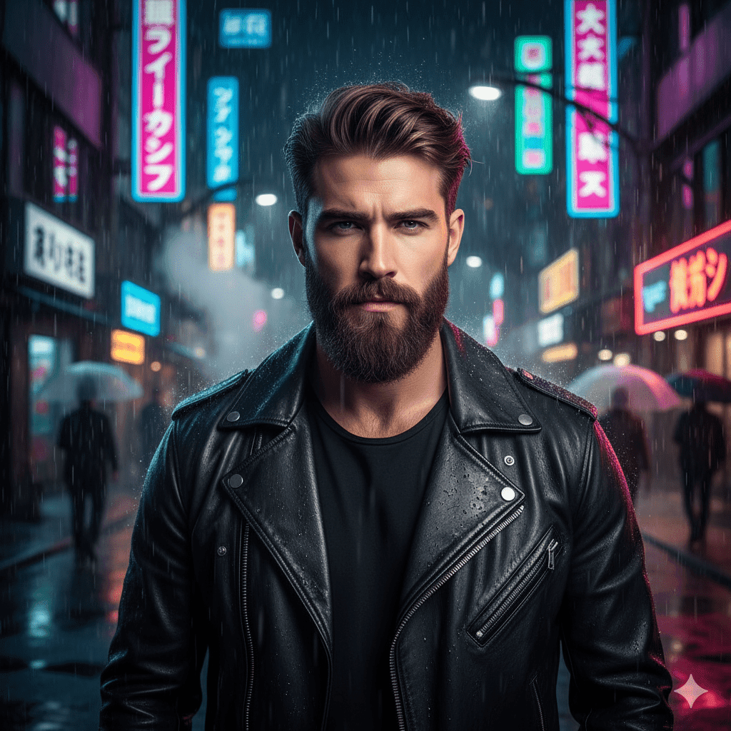 مردی با کت چرم مشکی و ریش، زیر باران در یک خیابان نئونی توکیو در شب.
