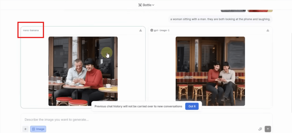 اسکرینشات از رابط کاربری یک ابزار آنلاین که خروجی دو مدل هوش مصنوعی به نامهای «nano-banana» و «gpt» را مقایسه میکند.